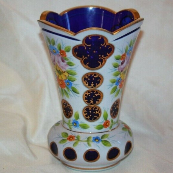 Czech Bohemian Cobalt Blue Cased to White Glass Large Hand Painted VASE LOT 4356 - Picture 1 of 4